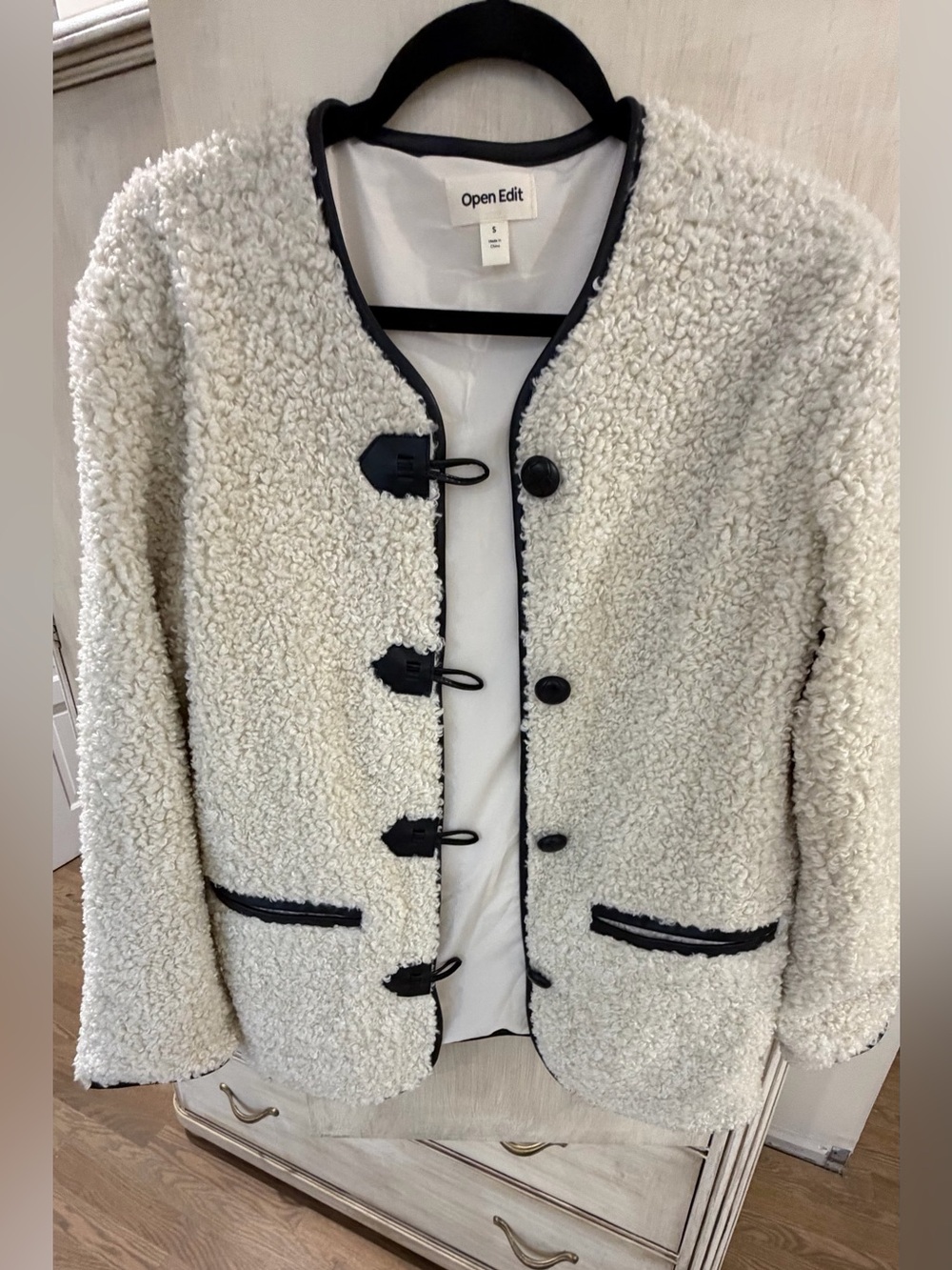Open Edit Cream Teddy Jacket with Black Trim